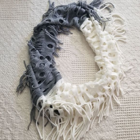 Boho Grey and White Cutout Hole Infinity Fringe Scarf - Picture 1 of 4